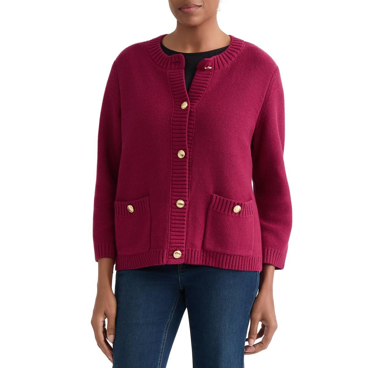 Petites Jones New York 3/4 Sleeve Gold Button Front Cardigan Wit