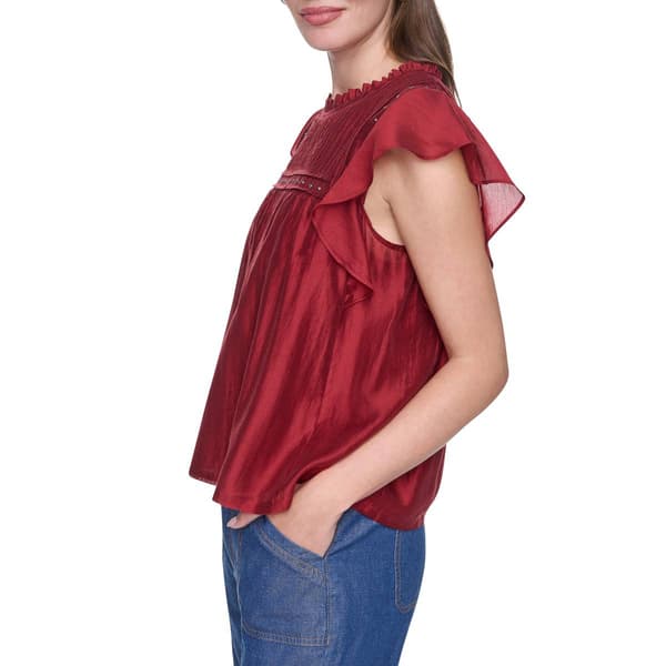 Womens DKNY Ruffle Cap Sleeve Pleated Stud Embellishment Blouse