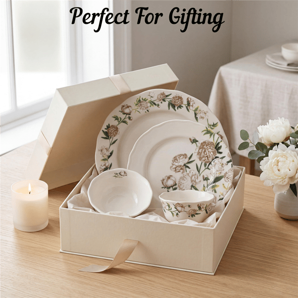 222 Fifth Luxe Peony Neutral Porcelain 12pc. Dinnerware Set