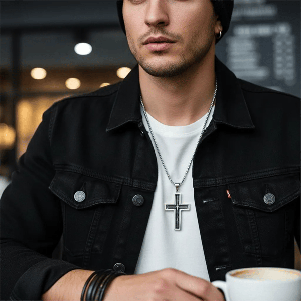 Mens Iron Saints Our Father Prayer Silver & Black Cross Necklace