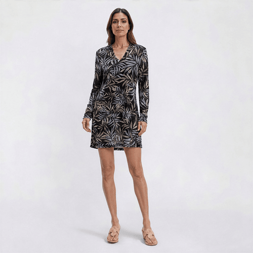 Womens Cover Me Long Sleeve Leaf Hooded Tunic Swim Cover Up
