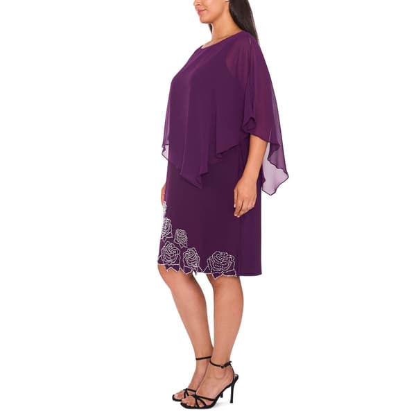 Plus Size MSK Solid Floral Rose Bead Trim Shift Dress w/ Capelet