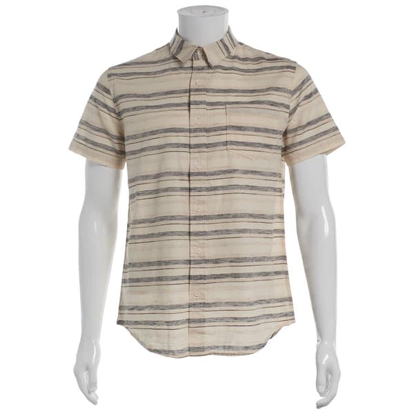 Mens Visitor Textured Cotton Woven Button Down Shirt-White/Brown - image 