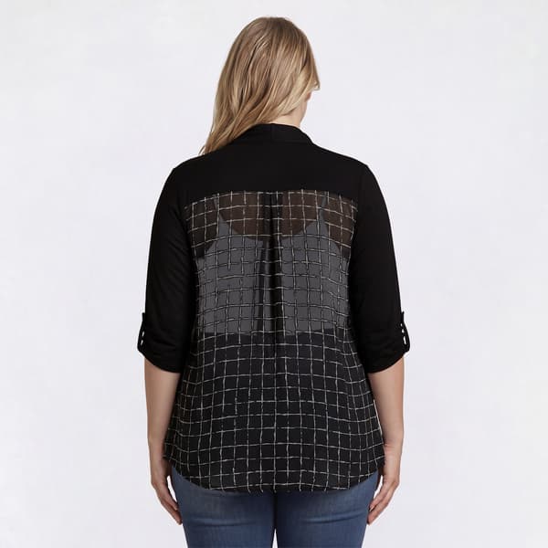 Plus Size Cure Roll Tab Sleeve Grid Chiffon Back Cardigan