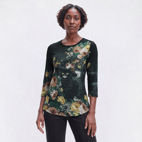 Womens OneWorld Long Sleeve Stud Embellished Floral Cat Tee - image 