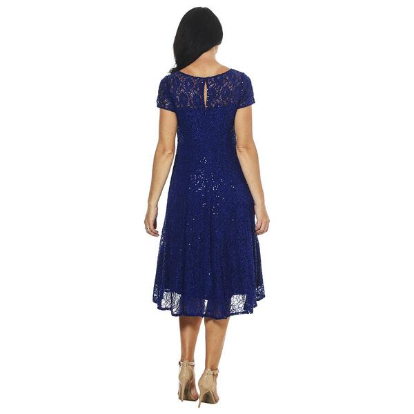 Womens SLNY Cap Sleeve Sequin Lace Tea Length Midi Dress