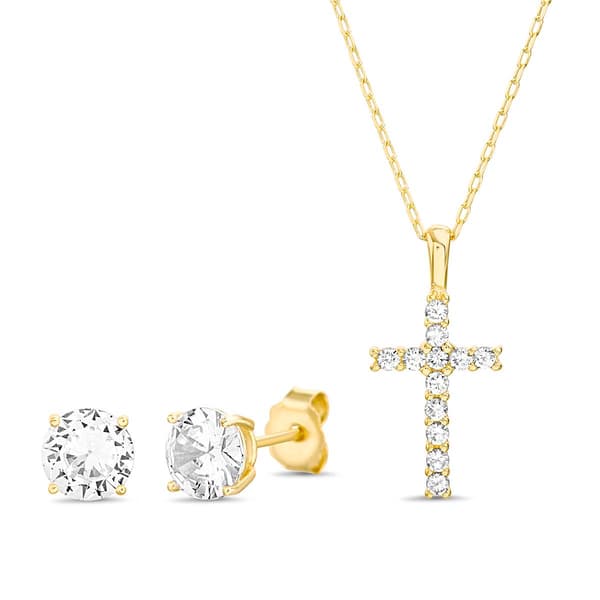 Sterling Silver Gold Cross Pendant & Stud Earring Set - image 