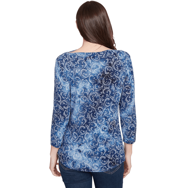 Petite Ruby Rd. Indigo Go Tie Dye Scroll Hacci Blouse