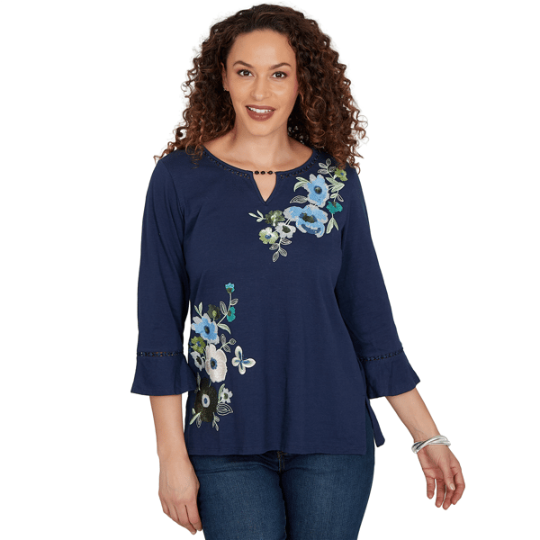 Petite Alfred Dunner Indigo Girls Floral Embroidery Blouse