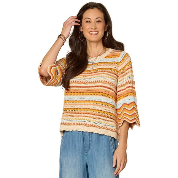 Womens Democracy 3/4 Scallop Bell Sleeve Stripe Sweater - image 