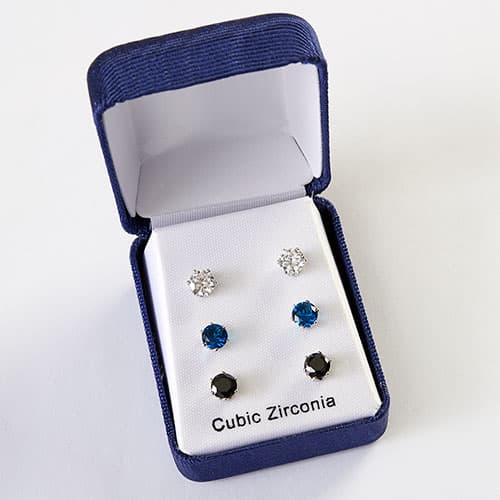 Trio Set Round Cubic Zirconia Post Earrings - Siver/Blue/Black - image 