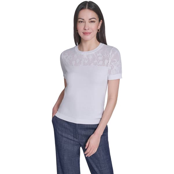 Womens Tommy Hilfiger Short Sleeve Floral Pointelle Sweater