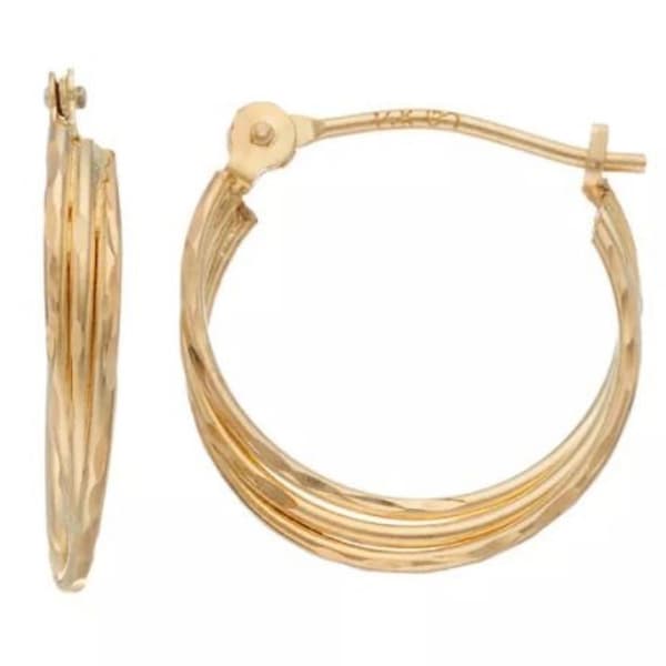 14.5mm 10kt. Gold Triple Row Diamond-Cut Hoop Earrings - image 