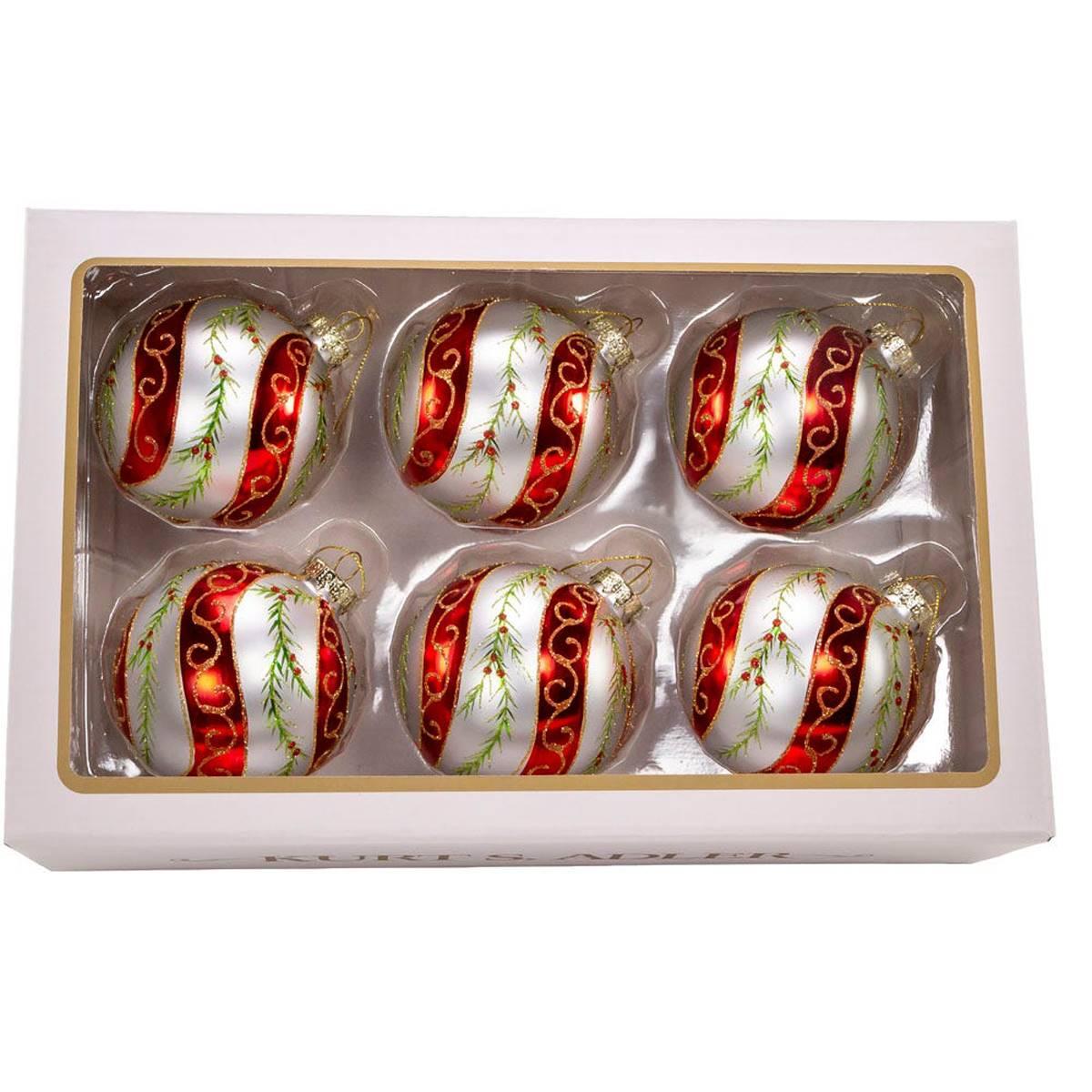 Kurt Adler 6pc. Glass Red & White Holly Leaves Ball Ornament Set