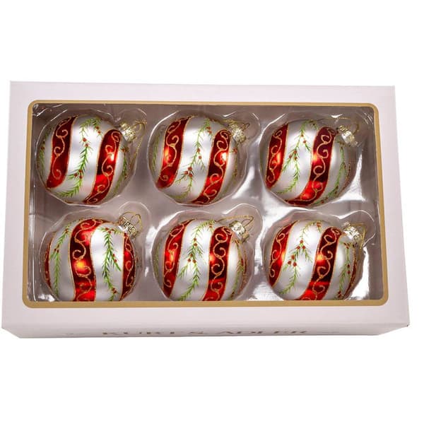 Kurt Adler 6pc. Glass Red & White Holly Leaves Ball Ornament Set
