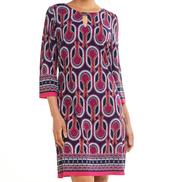 Womens Sandra Darren 3/4 Sleeve Keyhole Neck Border Shift Dress