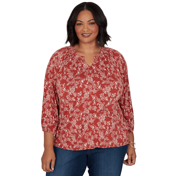 Plus Size Ruby Rd. Romance On The Ranch Ruffle Neck Floral Blouse - image 