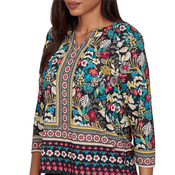 Womens Ruby Rd. Tropical Noir 3/4 Sleeve Paradise Tropic Blouse