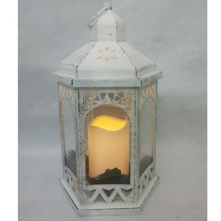 13in. White Hex Arch Christmas Lantern with LED candle