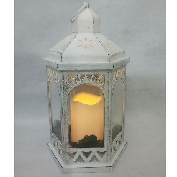 13in. White Hex Arch Christmas Lantern with LED candle - image 