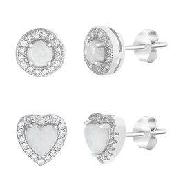 Sterling Silver & Opal Round & Heart Earring Set