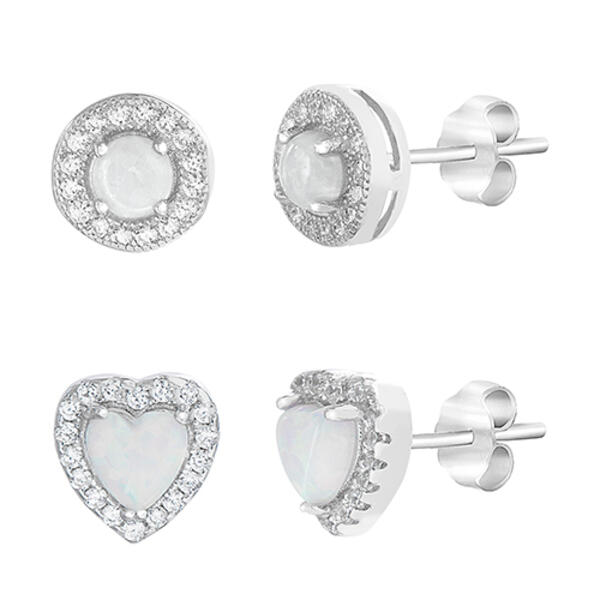 Sterling Silver & Opal Round & Heart Earring Set - image 