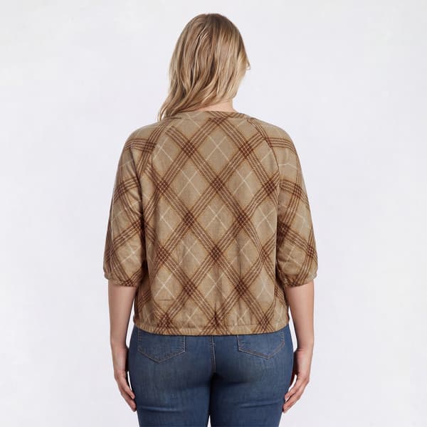 Plus Size Cure Rib Texture 3/4 Sleeve Henley Houndstooth Blouse