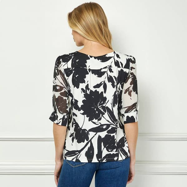 Womens Sara Michelle Elbow Chiffon Sleeve Floral Keyhole Blouse