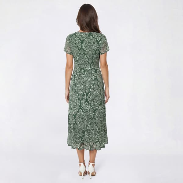 Womens Luxology Damask Mesh Surplice Neck Faux Wrap Dress