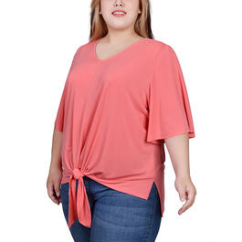 Plus Size NY Collection Elbow Sleeve Tie Front Crepe Blouse