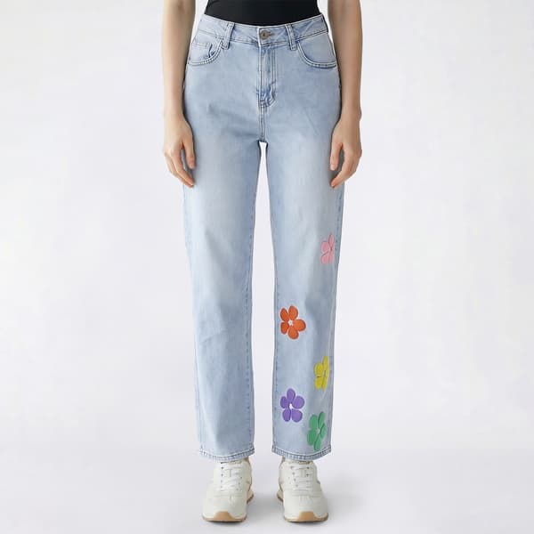 Juniors Gogo Jeans High Rise Straight Puff Paint Flowers Jeans - image 