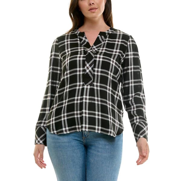 Womens Zac & Rachel Long Sleeve Split Neck Plaid Blouse - image 