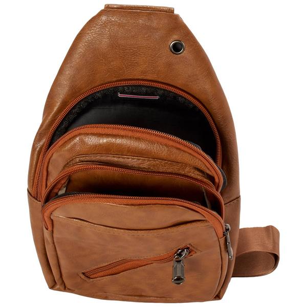 Mens Double Zipper Pebble Texture Brown Sling Bag