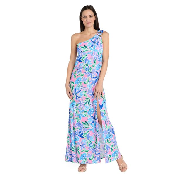 Womens R&M Richards Asymmetrical Neck Floral Maxi Dress - image 