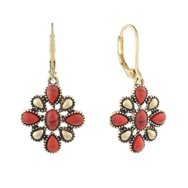 Chaps Gold-Tone & Coral Flower Drop Earrings - image 