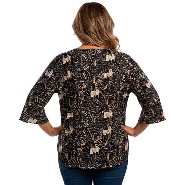 Plus Size Notations 3/4 Ruffle Sleeve Keyhole Neck Leaf Blouse