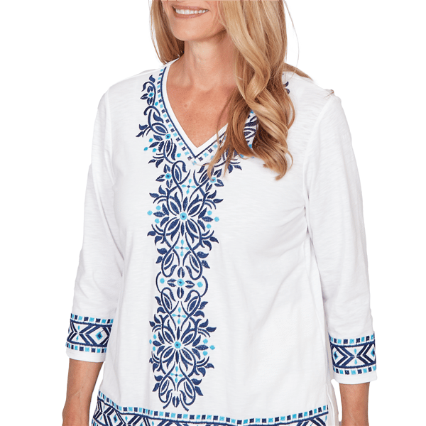 Womens Alfred Dunner Mykonos Scroll Embroidered V Neck Blouse