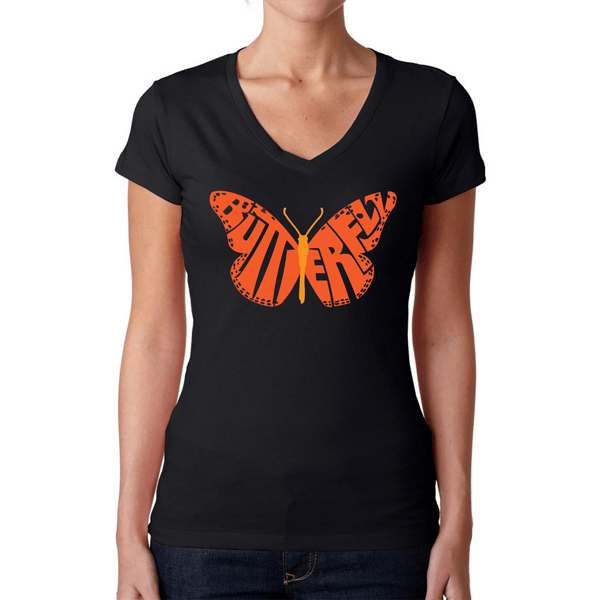 Womens LA Pop Art Butterfly Word Art V-Neck T-Shirt