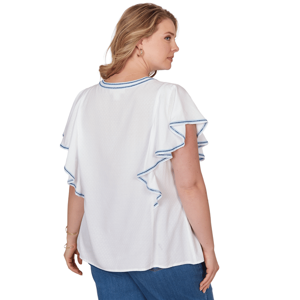 Plus Size Ruby Rd. French Riviera Ruffle Sleeve Embroidery Blouse
