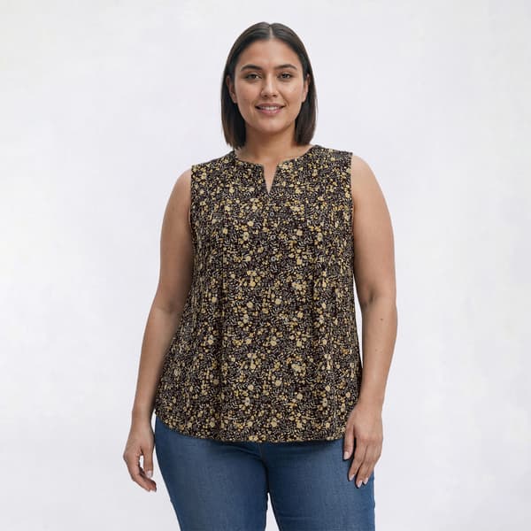 Plus Size Napa Valley Sleeveless Ditsy Floral Pleat Henley Blouse