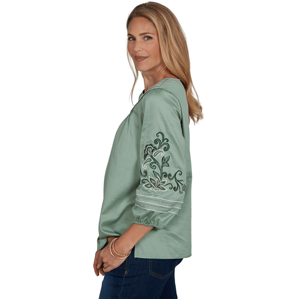 Womens Ruby Rd. Game of Luxe Embroidered Sleeve Voile Blouse