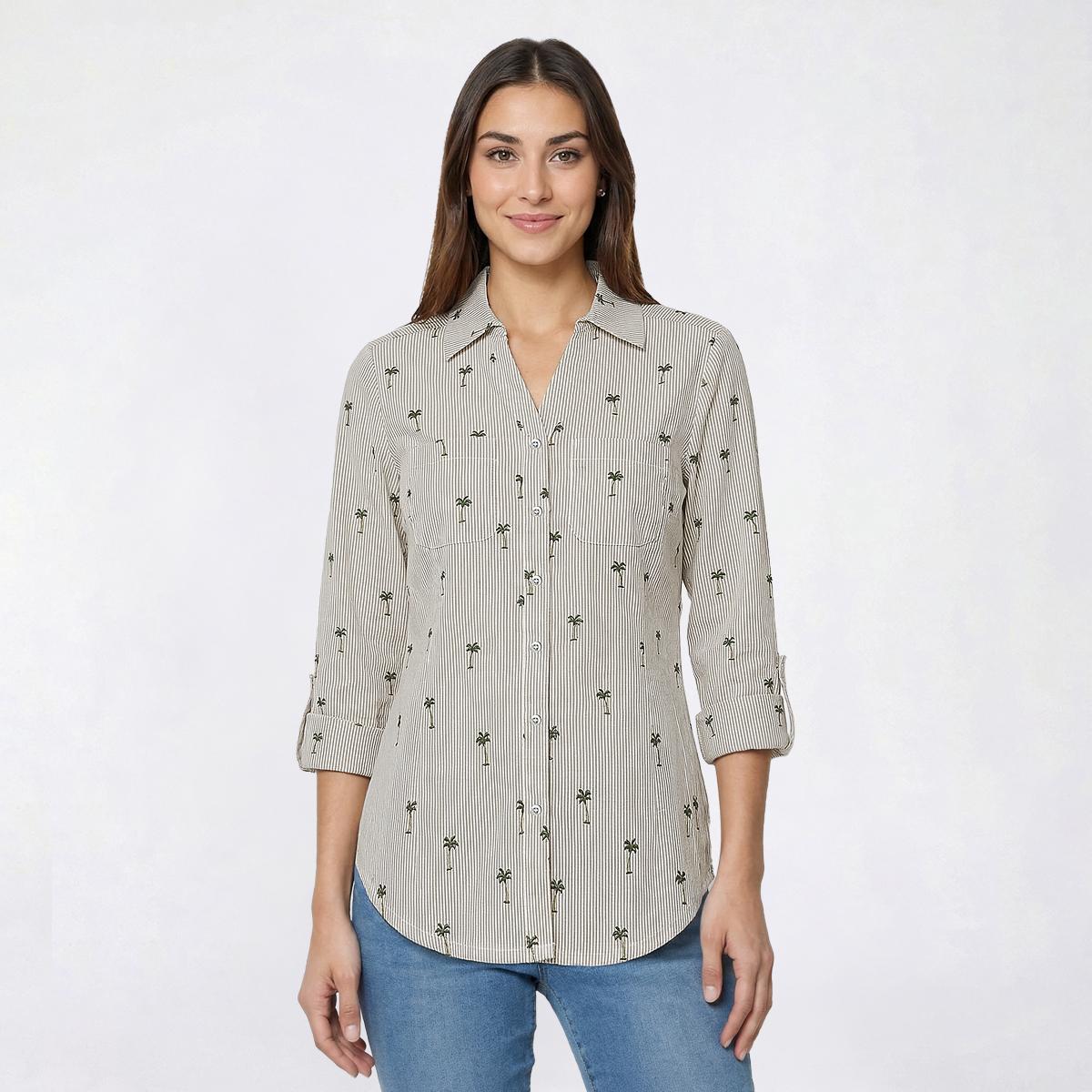 Womens Emily Daniels 3/4 Sleeve Palm Tree Casual Button Down