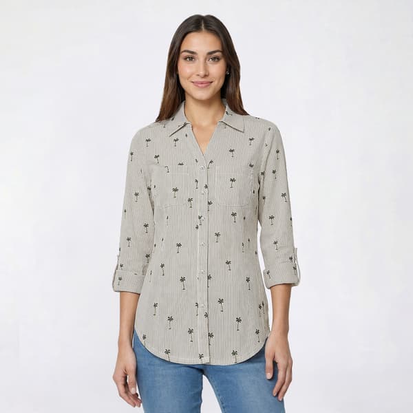 Womens Emily Daniels 3/4 Sleeve Palm Tree Casual Button Down