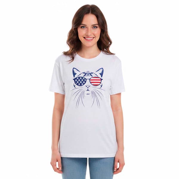 Womens JERZEES Short Sleeve Flag Sunglasses Cat Graphic Tee - image 