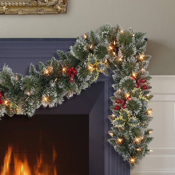 Puleo International 9ft. Pre-Lit Snowy Silverton Pine Garland