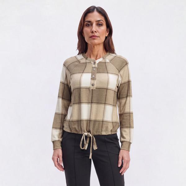Womens Tru Self Long Sleeve Raglan Snap Placket Tie Hem Sweater - image 