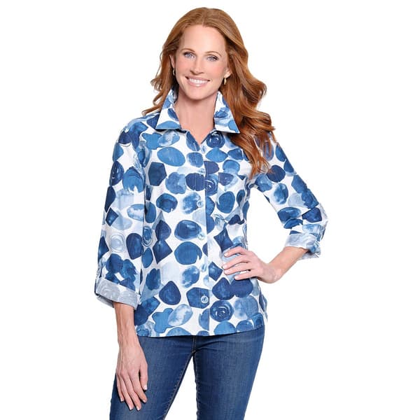 Womens Ali Miles 3/4 Sleeve Button Front Blue Dots Tunic