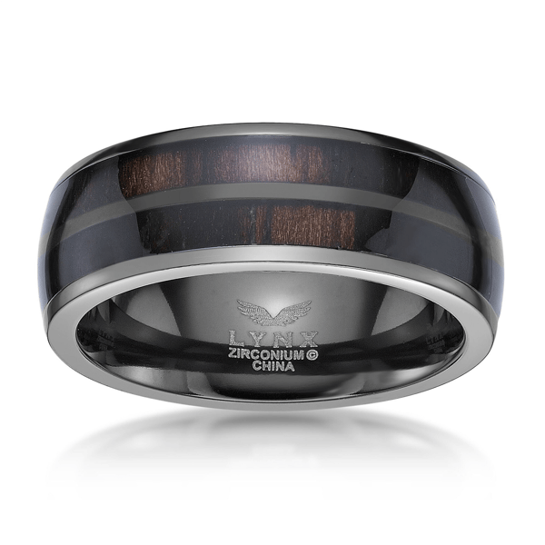 Mens Lynx Black Zirconium & Resin Ring with Wood Sheet Inlay - image 