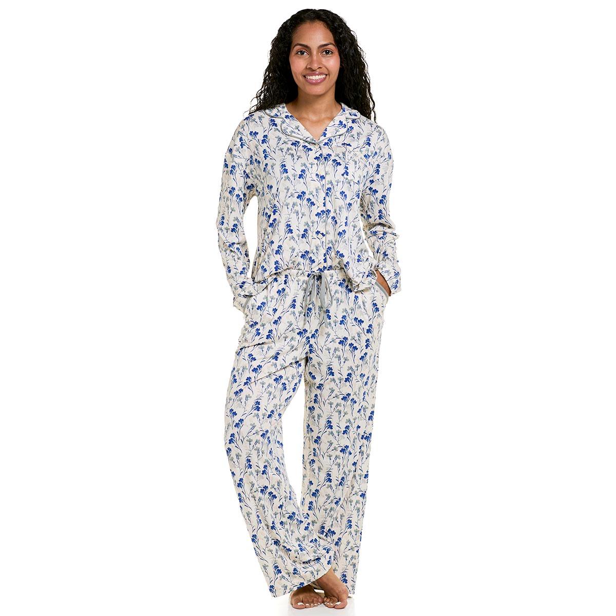Womens White Orchid Long Sleeve Shadow Floral Henley Nightgown