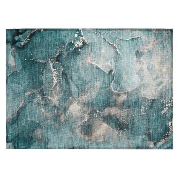 HomeRoots Teal Abstract Washable Non Skid Indoor Outdoor Accent